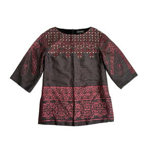 St. John Top M Gray Red Embroidery Embellished Rhinestones Beaded Half Sleeve